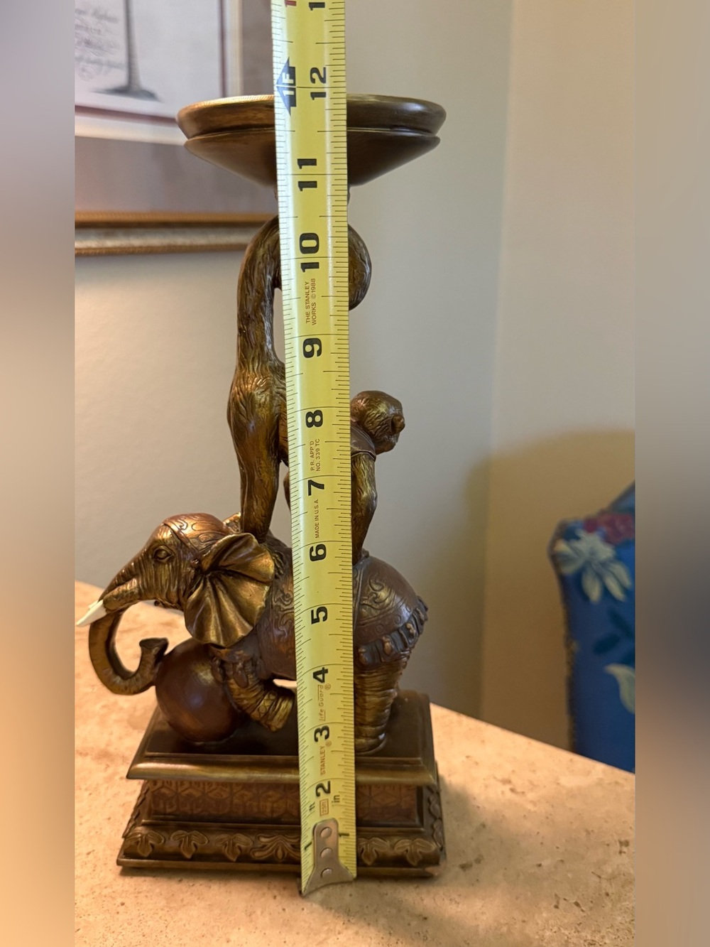 Vintage Bronze-Tone Elephant & Monkey Pedestal Pillar Candle Holder 12" High - Picture 3 of 6